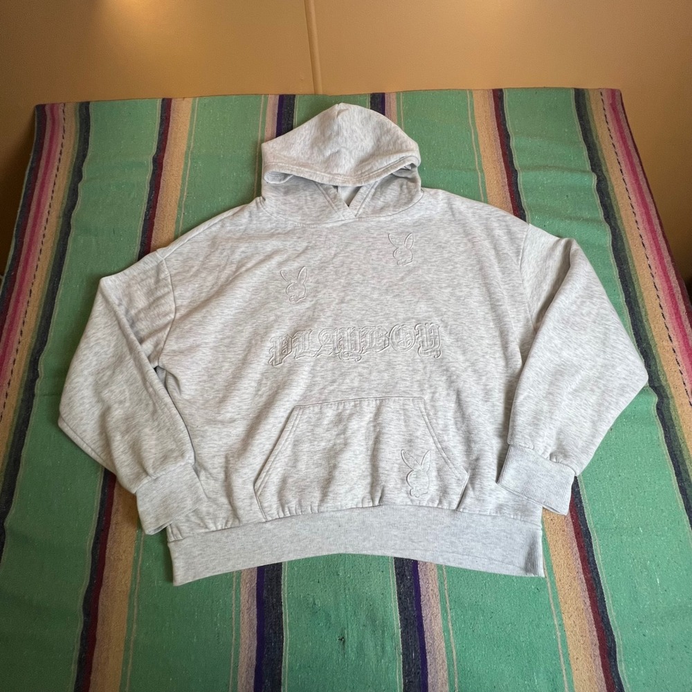 Playboy Hoodie Men Med Gray Embroidered Bunny Logo Relaxed Pullover PB006-5045